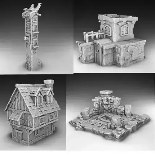 collection - Houses four different buildings and structures 3D print model