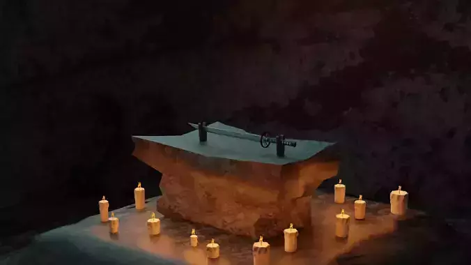 Katana satanic altar with candles in cave