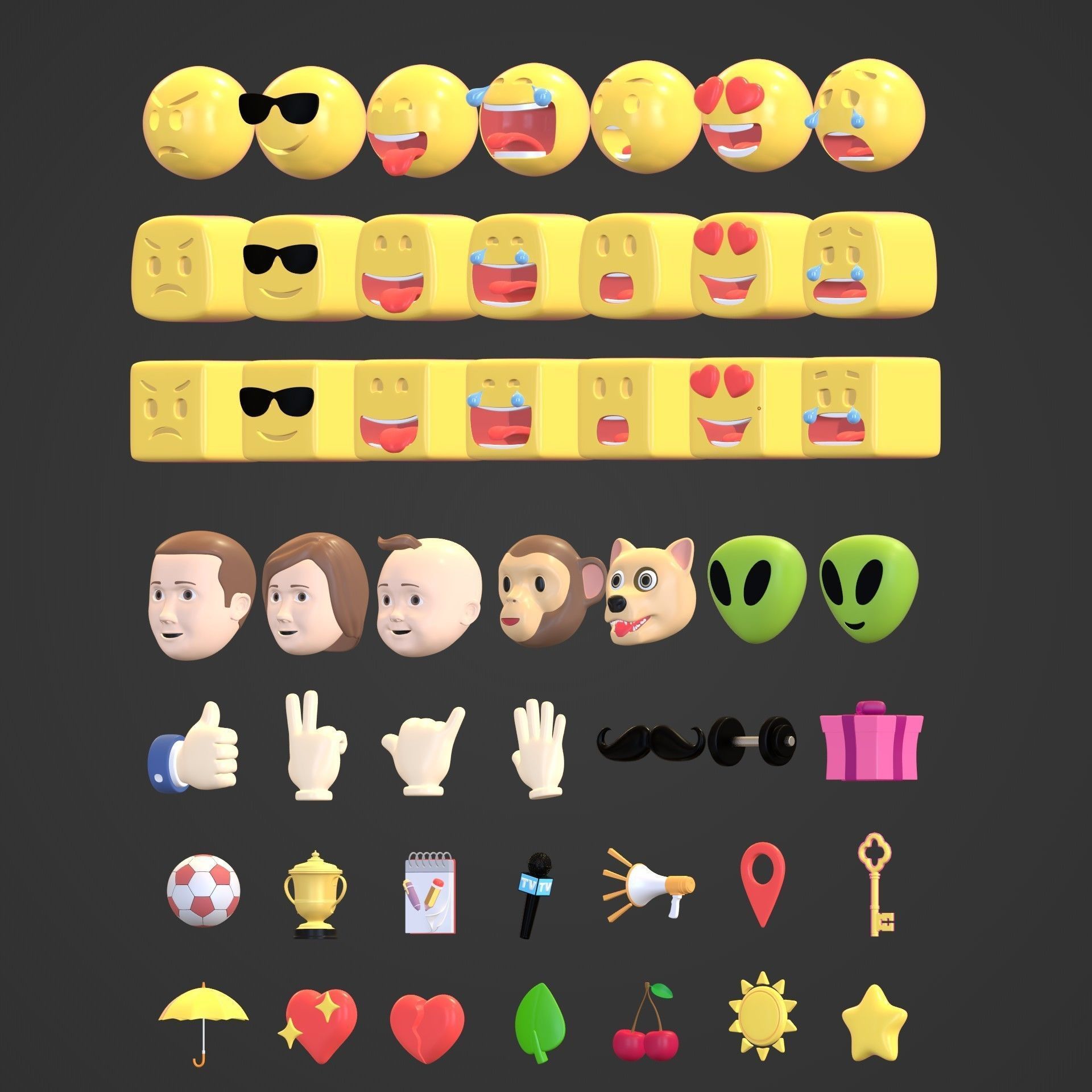 Cartoon Icon Pack -- Smiley Emoji Head Hand Sun Star Sport Heart Low-poly 3D model_3