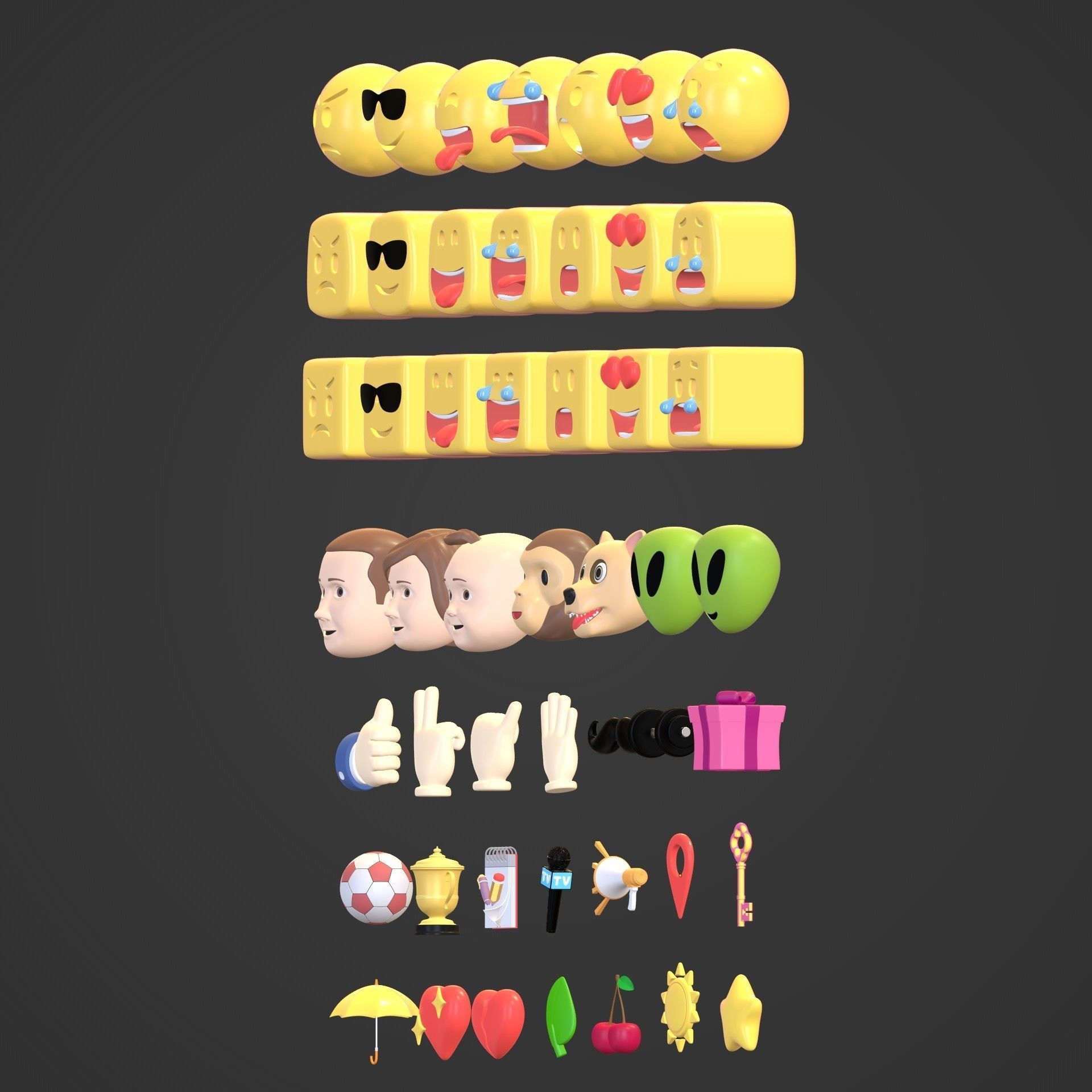 Cartoon Icon Pack -- Smiley Emoji Head Hand Sun Star Sport Heart Low-poly 3D model_5