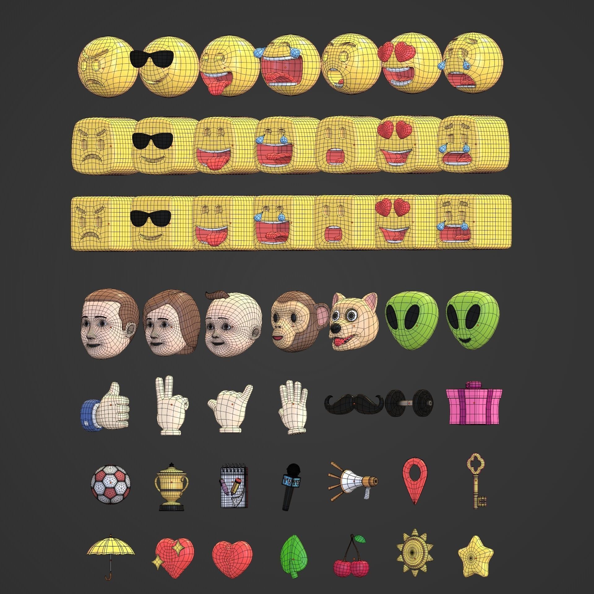 Cartoon Icon Pack -- Smiley Emoji Head Hand Sun Star Sport Heart Low-poly 3D model_4