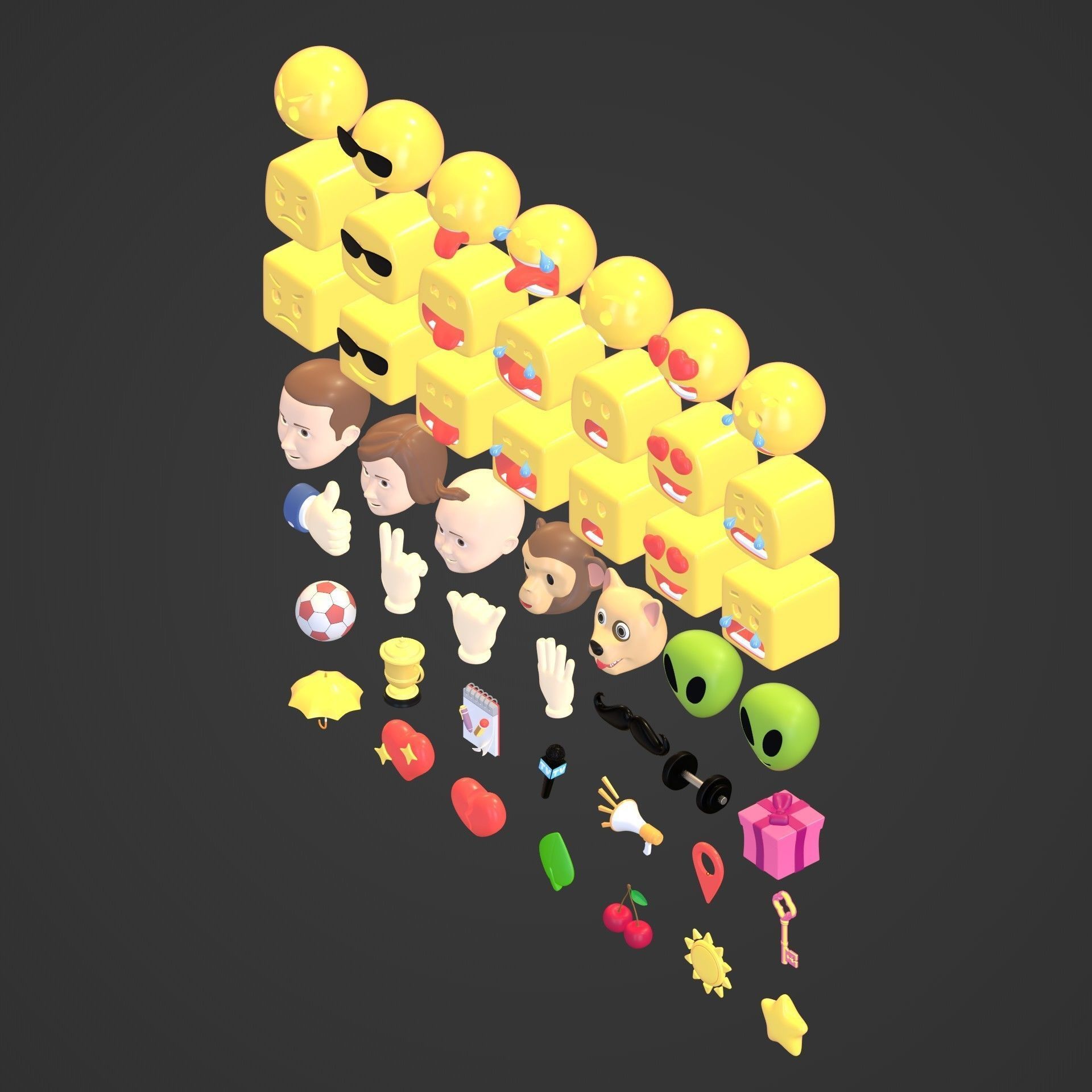 Cartoon Icon Pack -- Smiley Emoji Head Hand Sun Star Sport Heart Low-poly 3D model_7