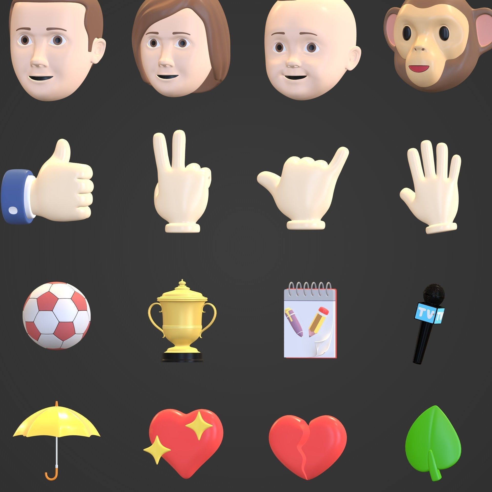 Cartoon Icon Pack -- Smiley Emoji Head Hand Sun Star Sport Heart Low-poly 3D model_17