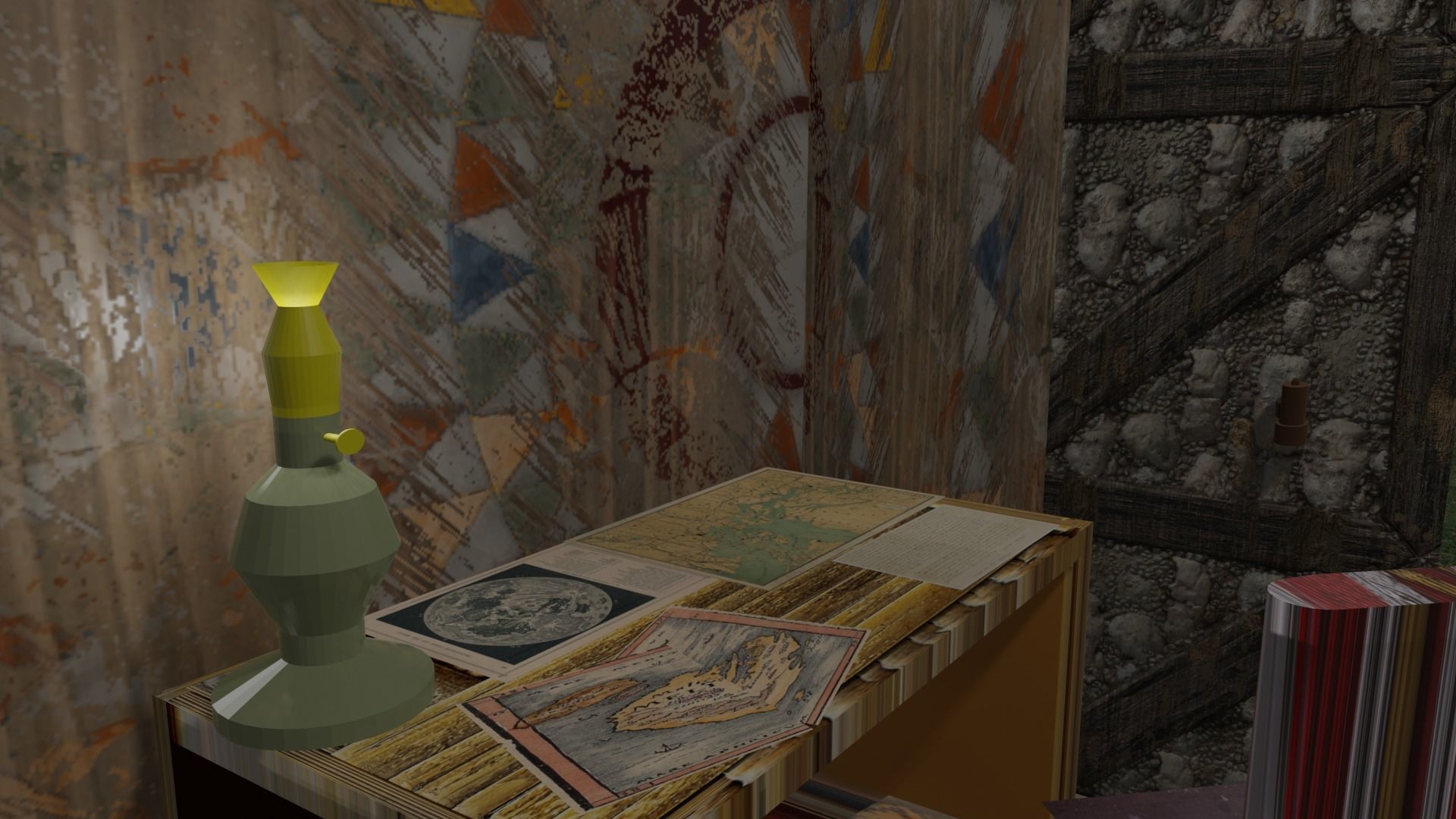 Library house on grassy field Low-poly 3D model_6