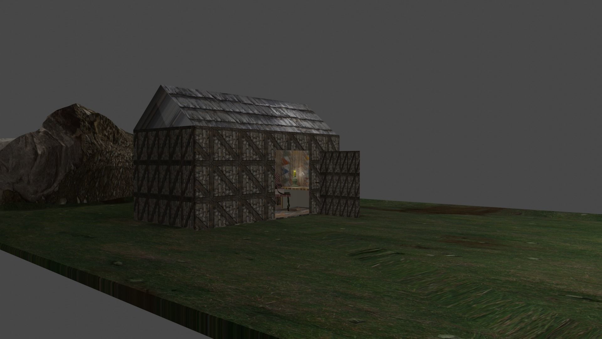 Library house on grassy field Low-poly 3D model_3