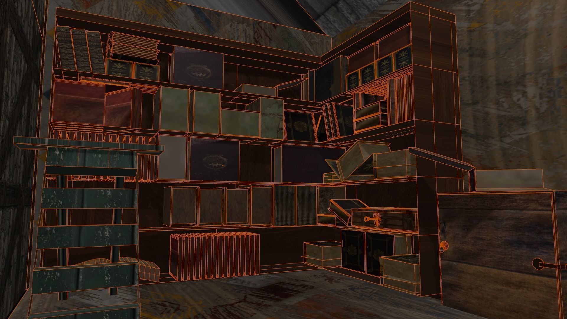 Library house on grassy field Low-poly 3D model_15