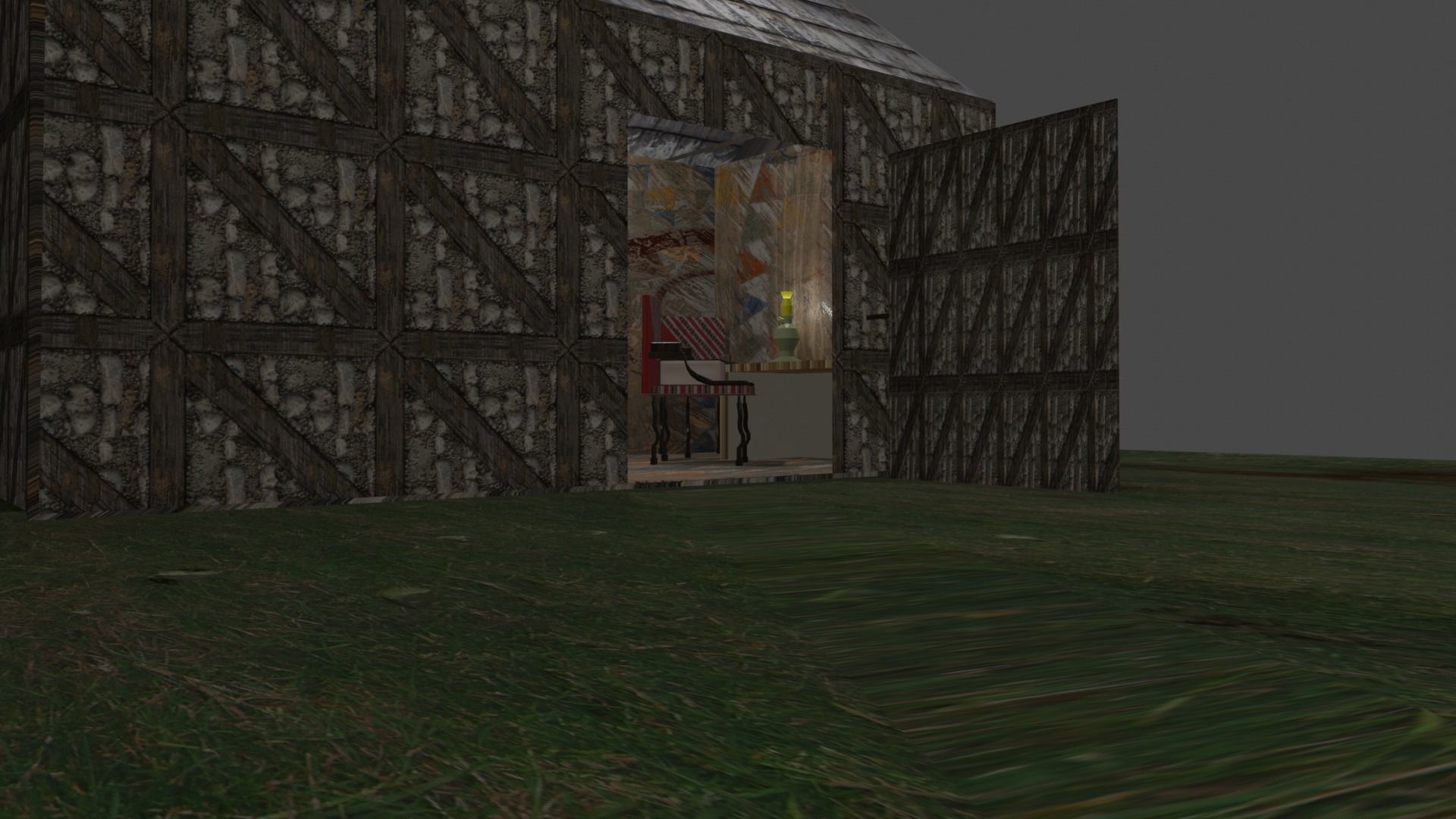 Library house on grassy field Low-poly 3D model_13