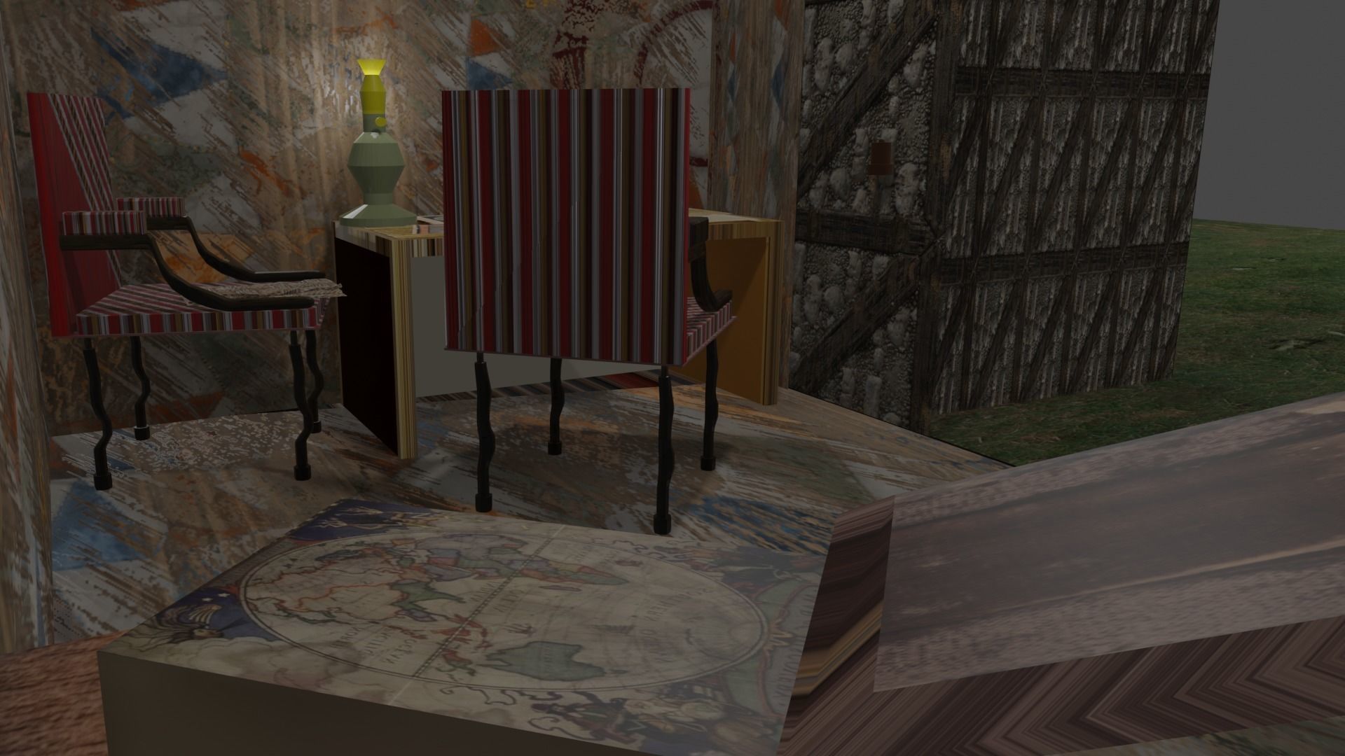 Library house on grassy field Low-poly 3D model_12