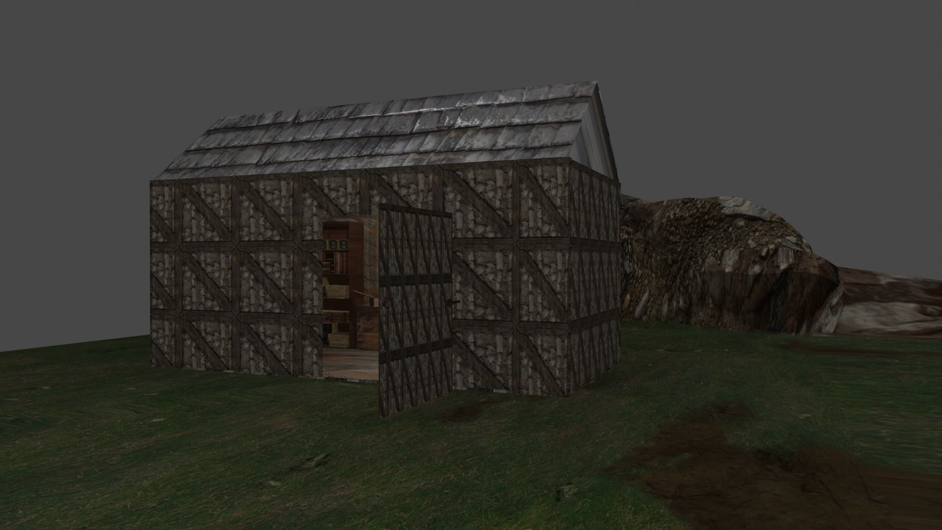 Library house on grassy field Low-poly 3D model_4