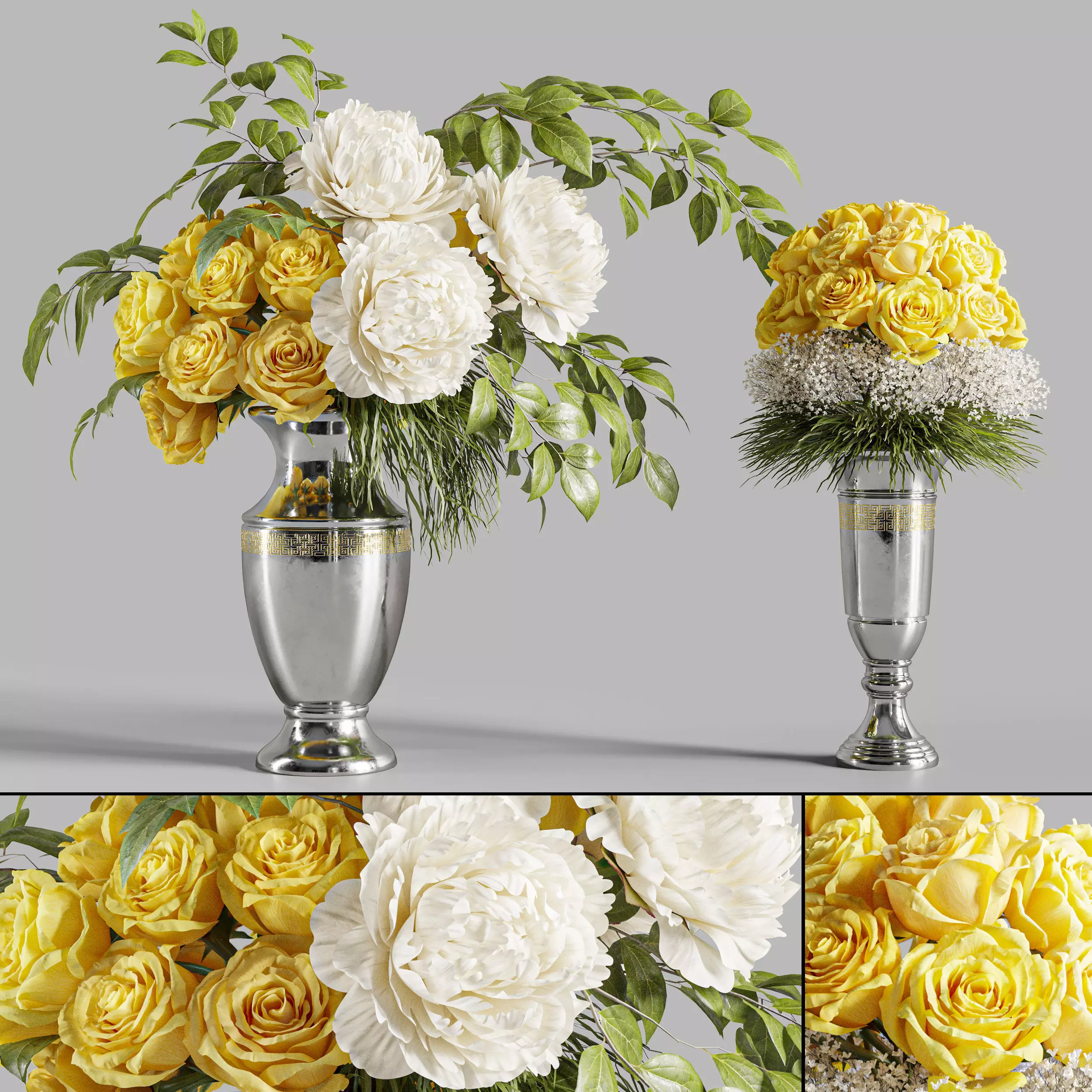 Flower Set 020 Yellow rose white peony 3D model