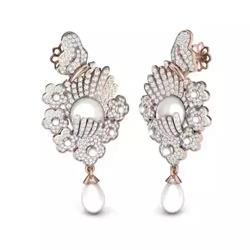 Earrings 3D print model rose gold pearl and diamond brooch