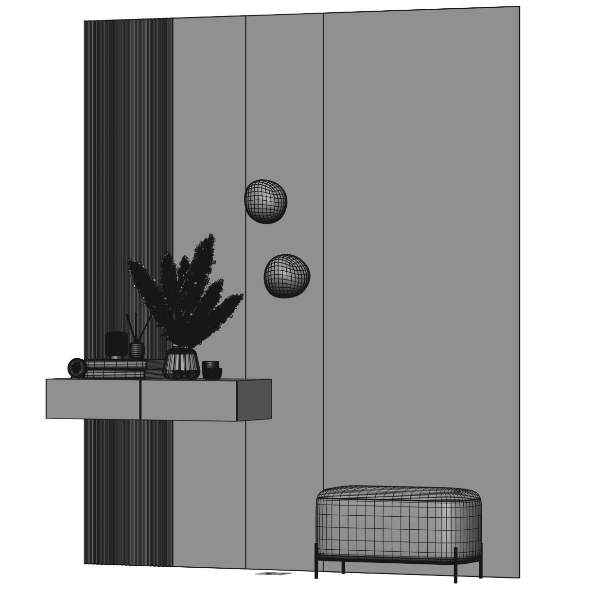 Hallway 4 wall with wooden panels and stool 3D model_4