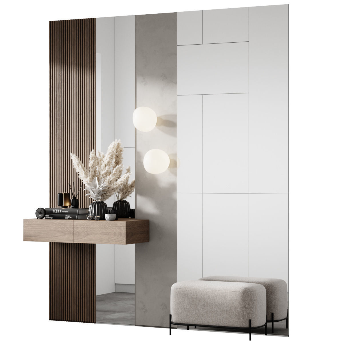 Hallway 4 wall with wooden panels and stool 3D model_2