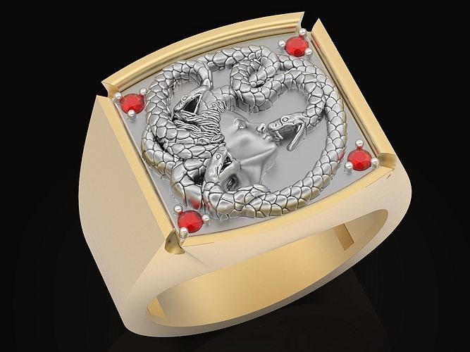 Medusa man ring Sculpture jewelry Gold silver 3D print model