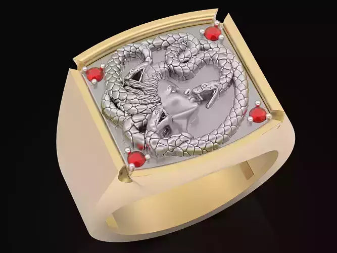 Medusa man ring Sculpture jewelry Gold silver 3D print model