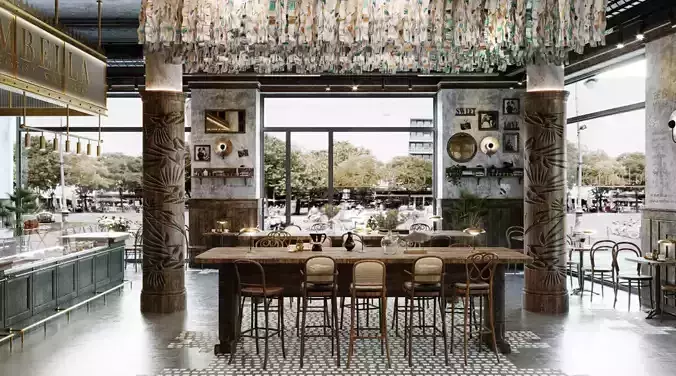 Restaurant Model with chandelier hanging from ceiling