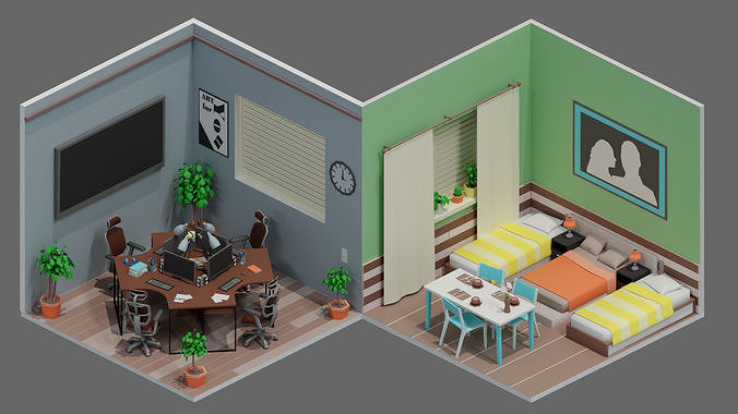 room 3 living and dining Low-poly 3D model