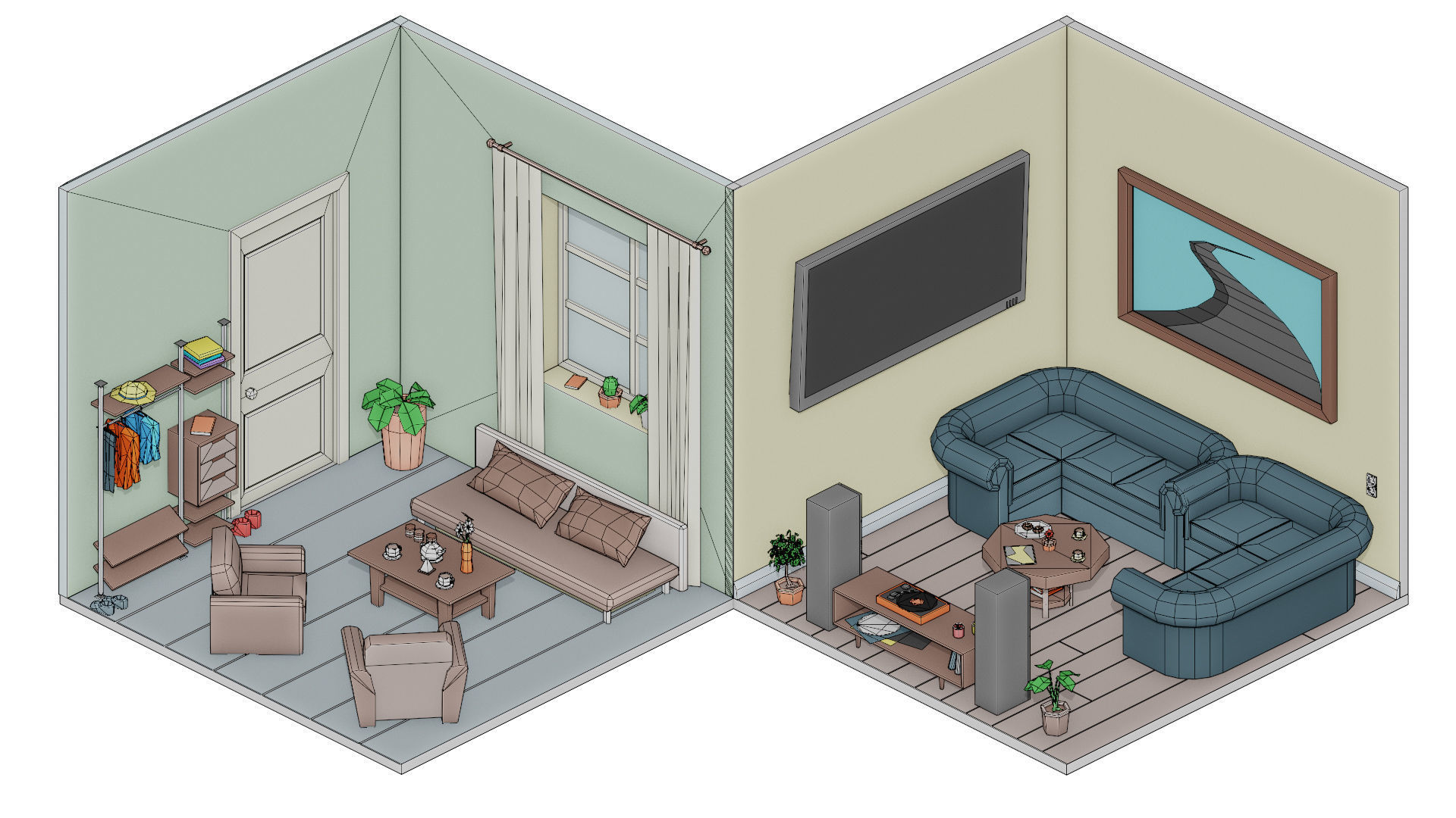 room 5 living with two couches and television Low-poly 3D model_1