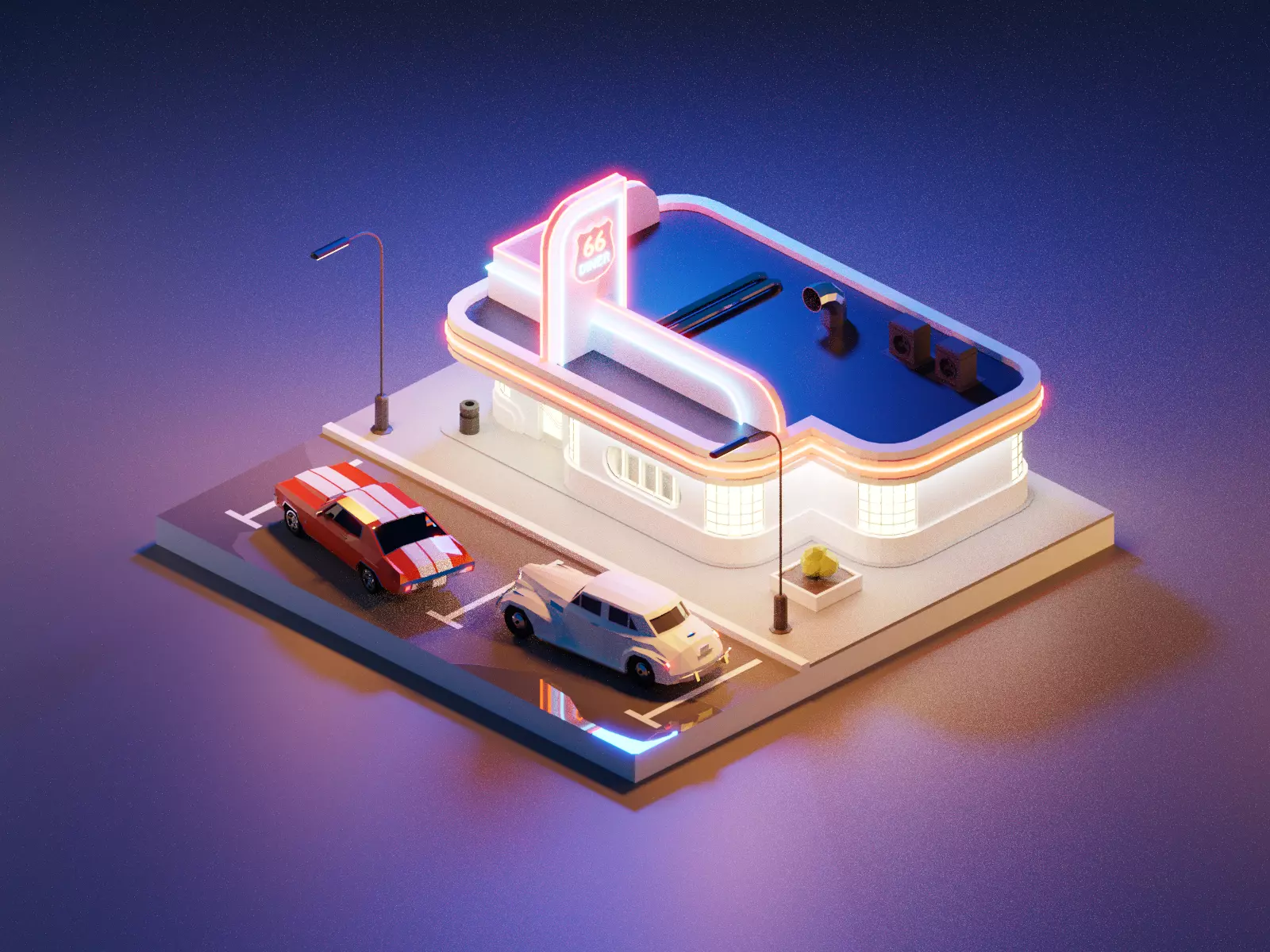 Rounte  model with Cars and Canteen  in blender low poly Low-poly 3D model_0