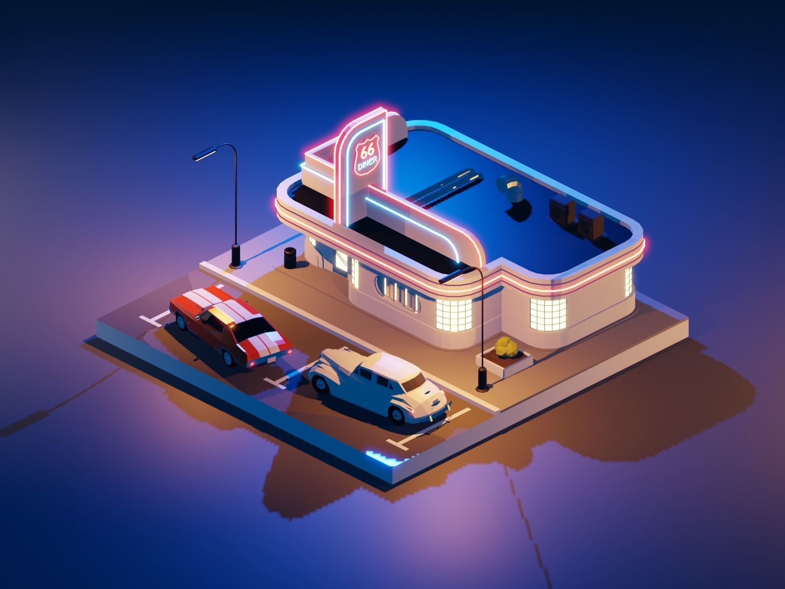 Rounte  model with Cars and Canteen  in blender low poly Low-poly 3D model_1