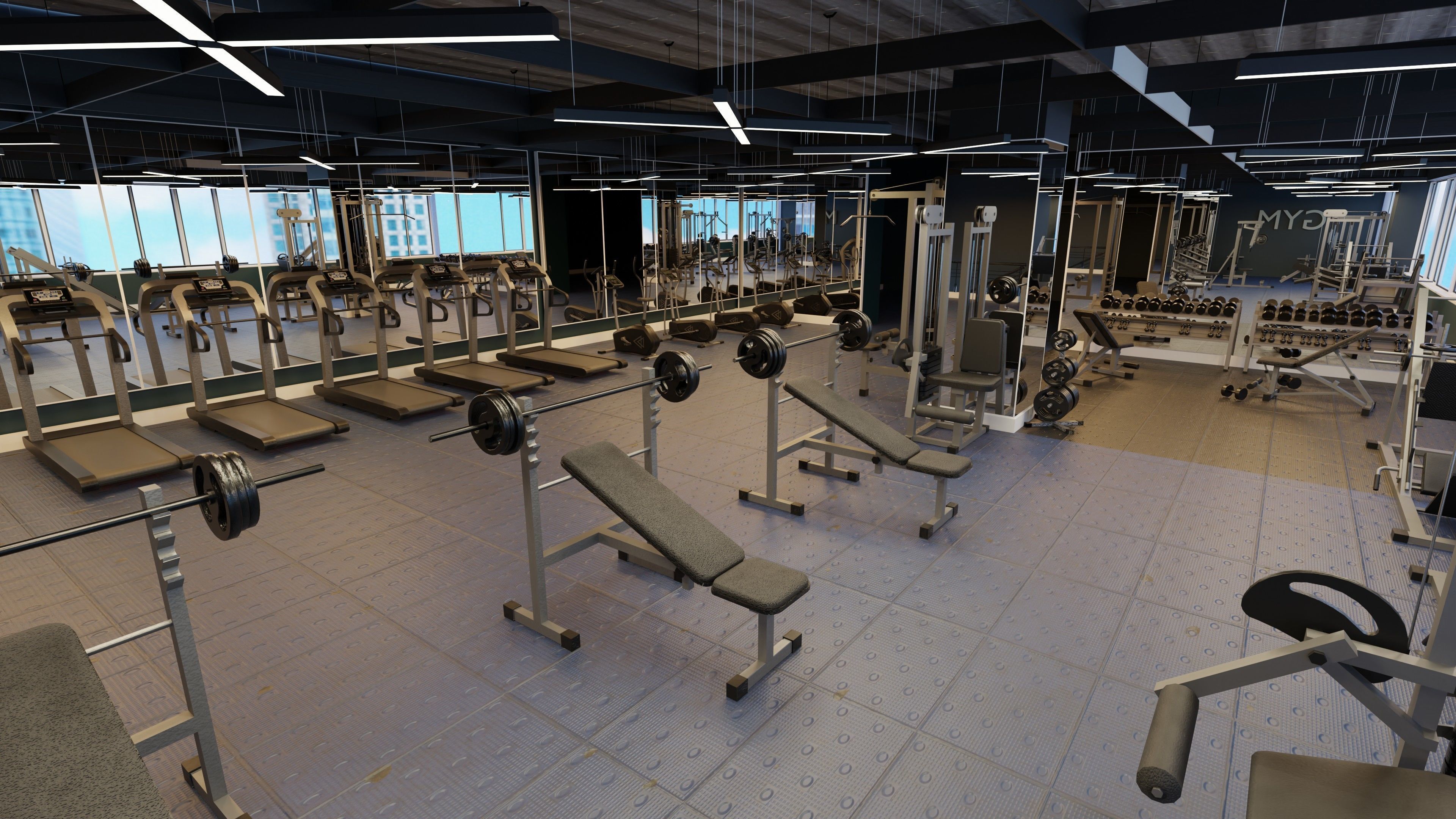 realistic GYM model scene - fitness center Low-poly 3D model_1