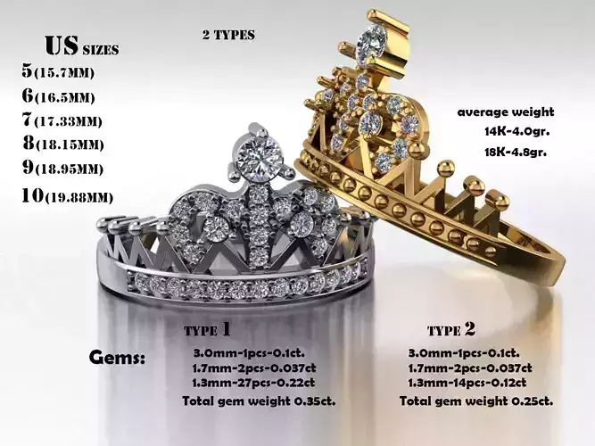 2 types ring crown with diamonds 035ct or 025ct