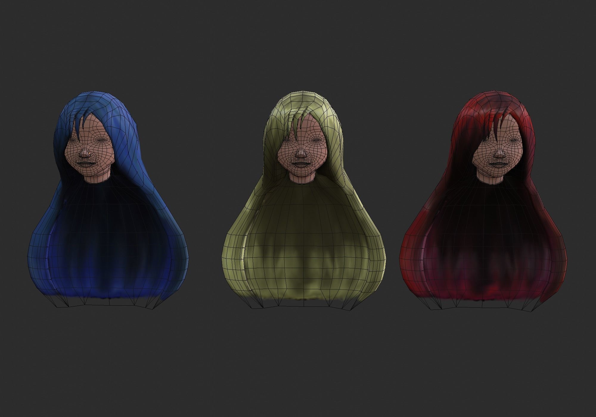 long anime hair in 3x styles low poly Low-poly 3D model_15