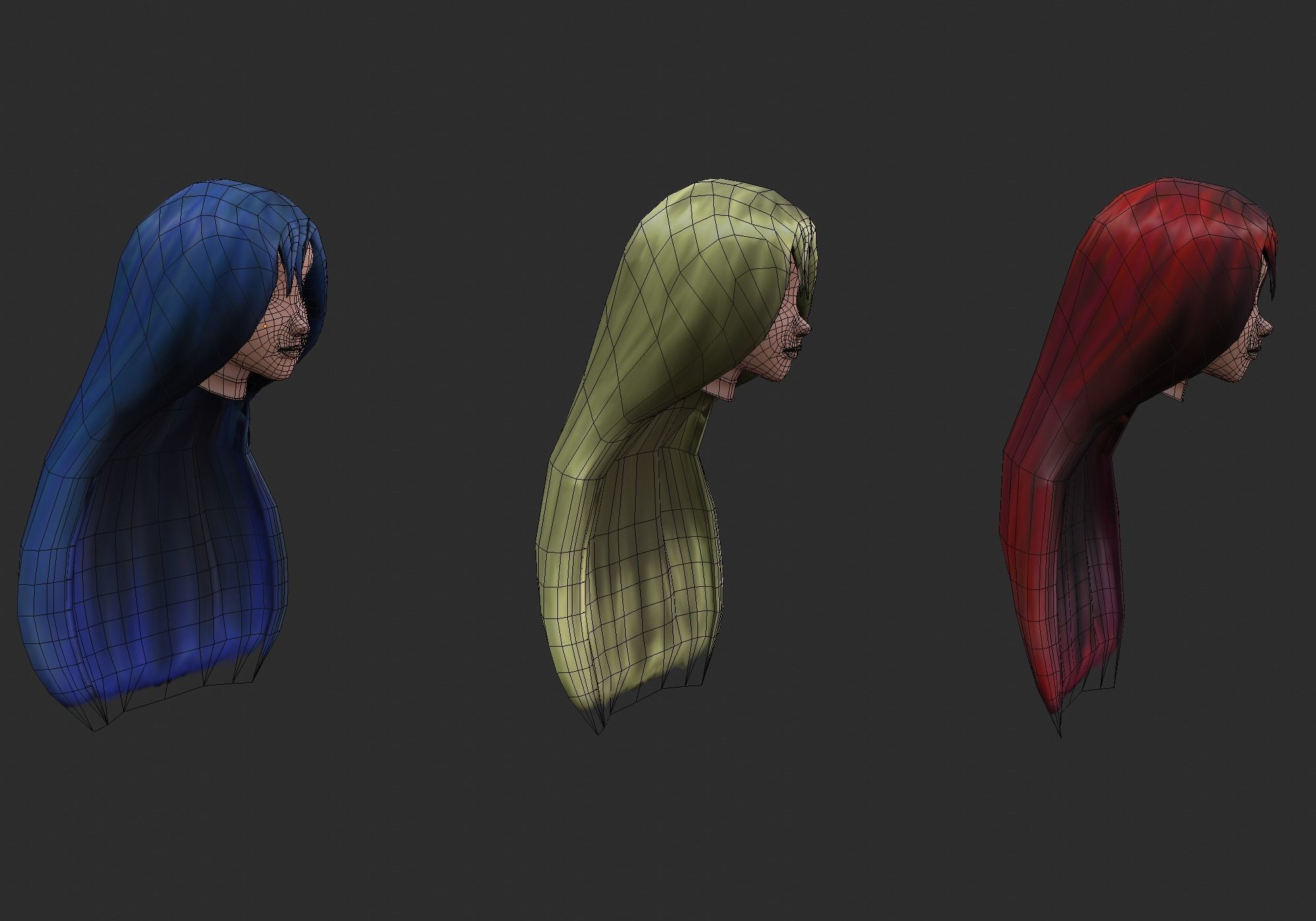 long anime hair in 3x styles low poly Low-poly 3D model_9