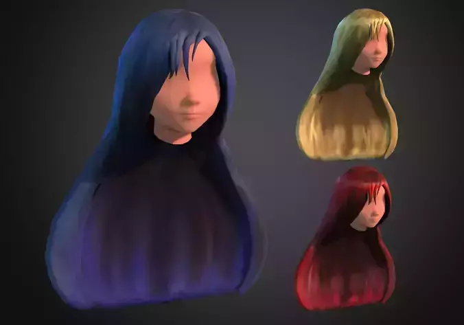 long anime hair in 3x styles low poly Low-poly 3D model