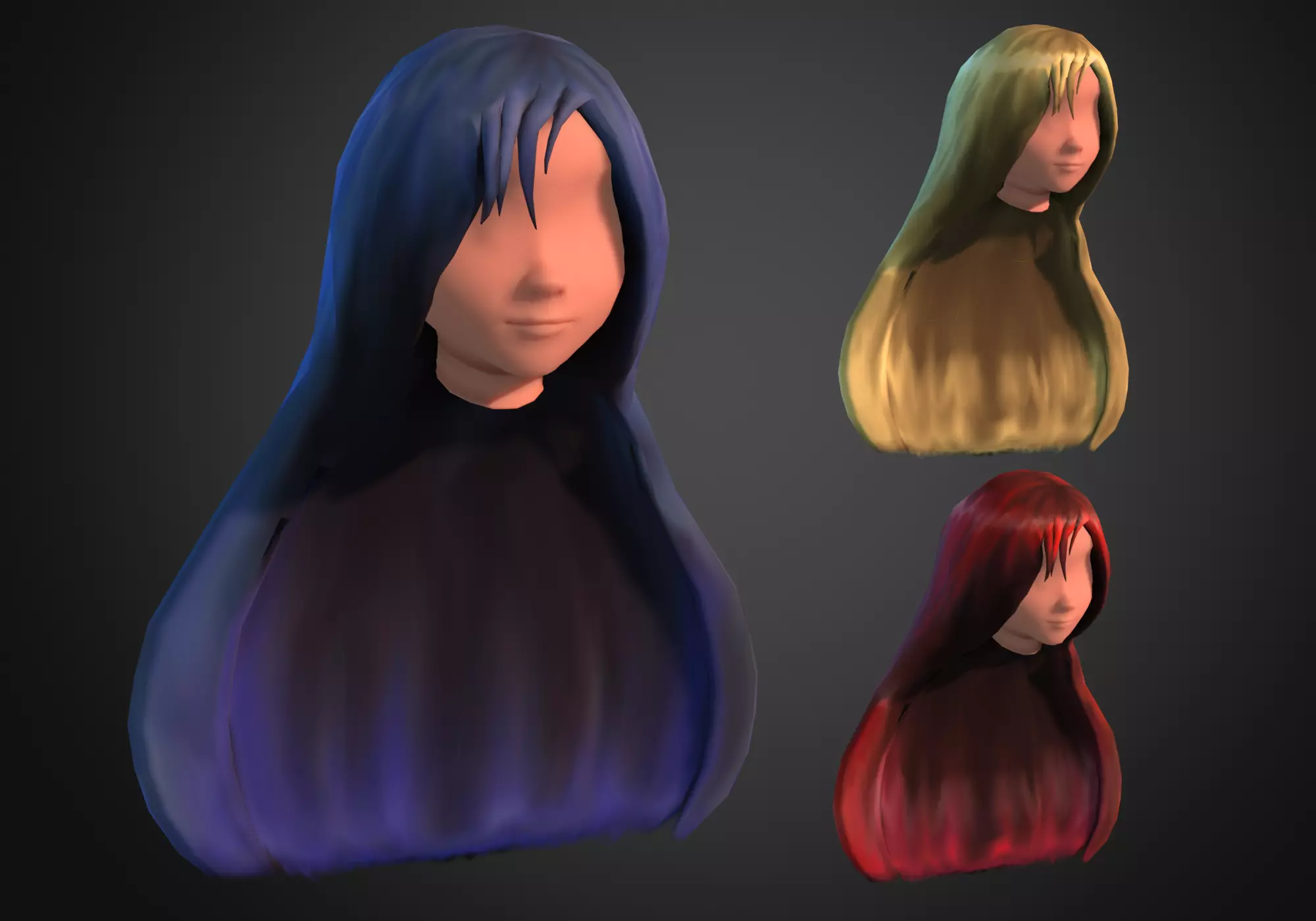 long anime hair in 3x styles low poly Low-poly 3D model_0