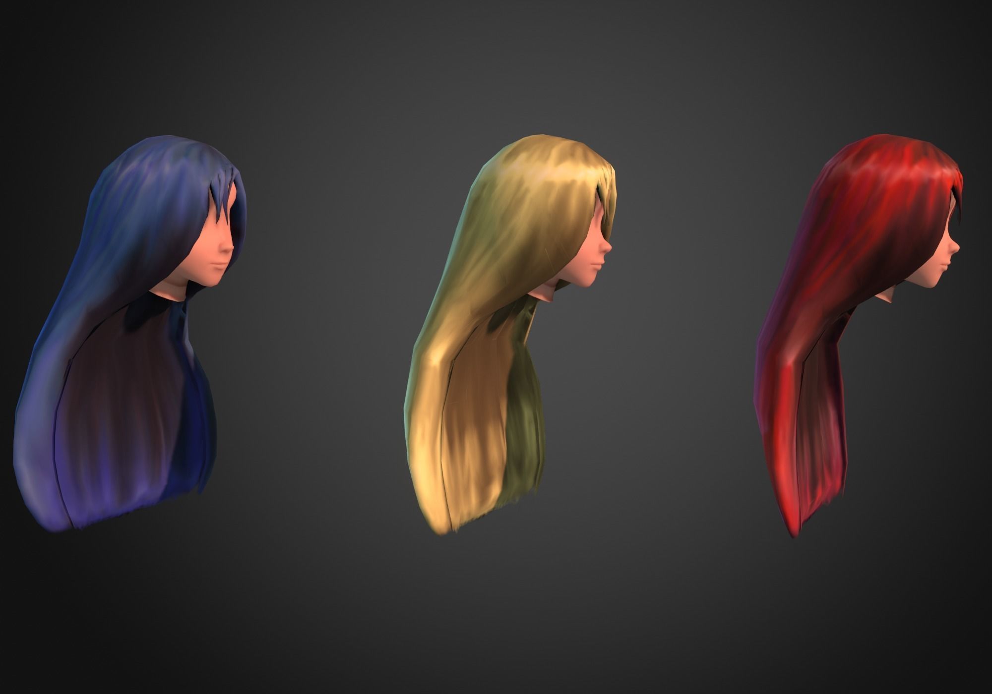 long anime hair in 3x styles low poly Low-poly 3D model_2
