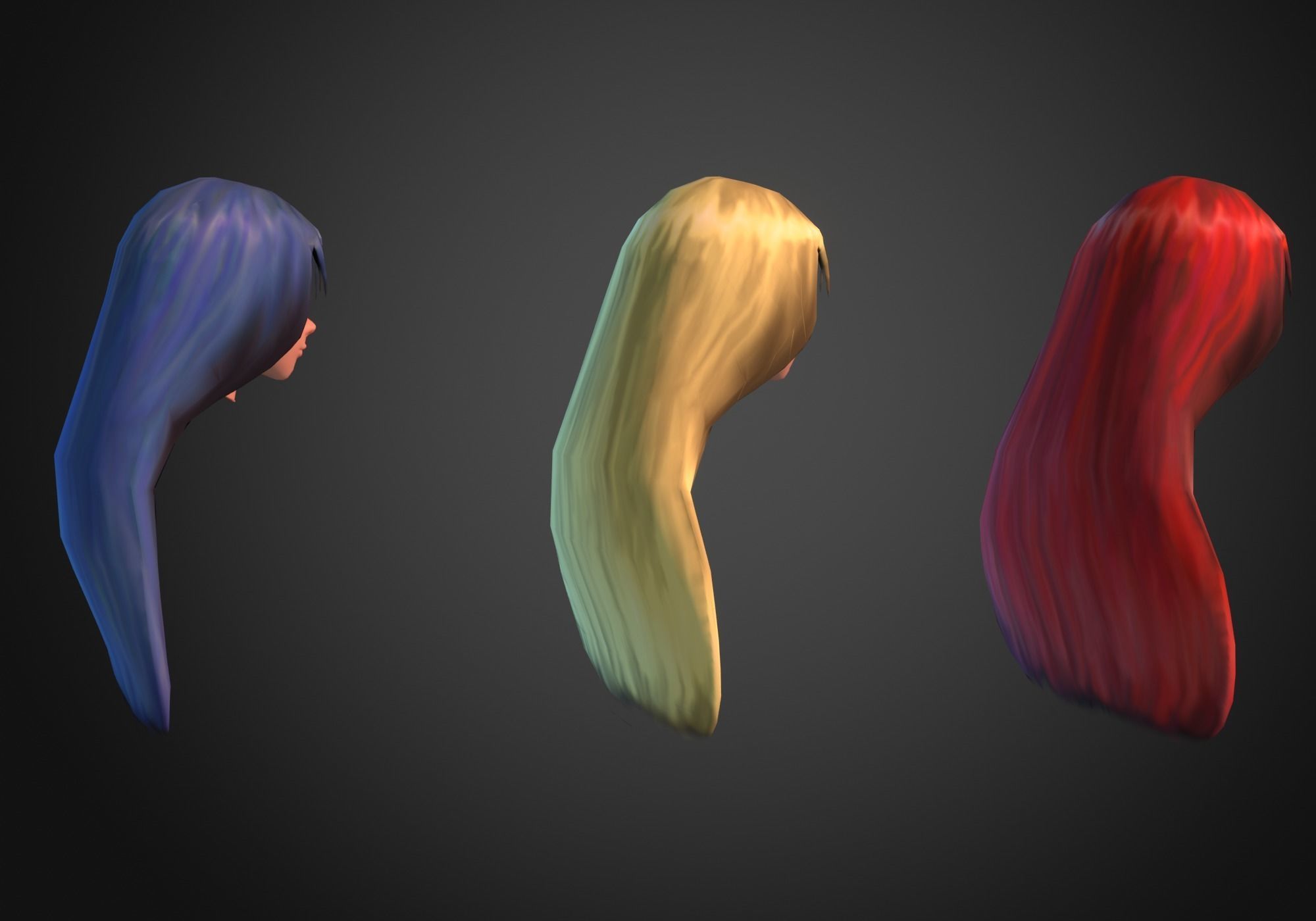 long anime hair in 3x styles low poly Low-poly 3D model_3