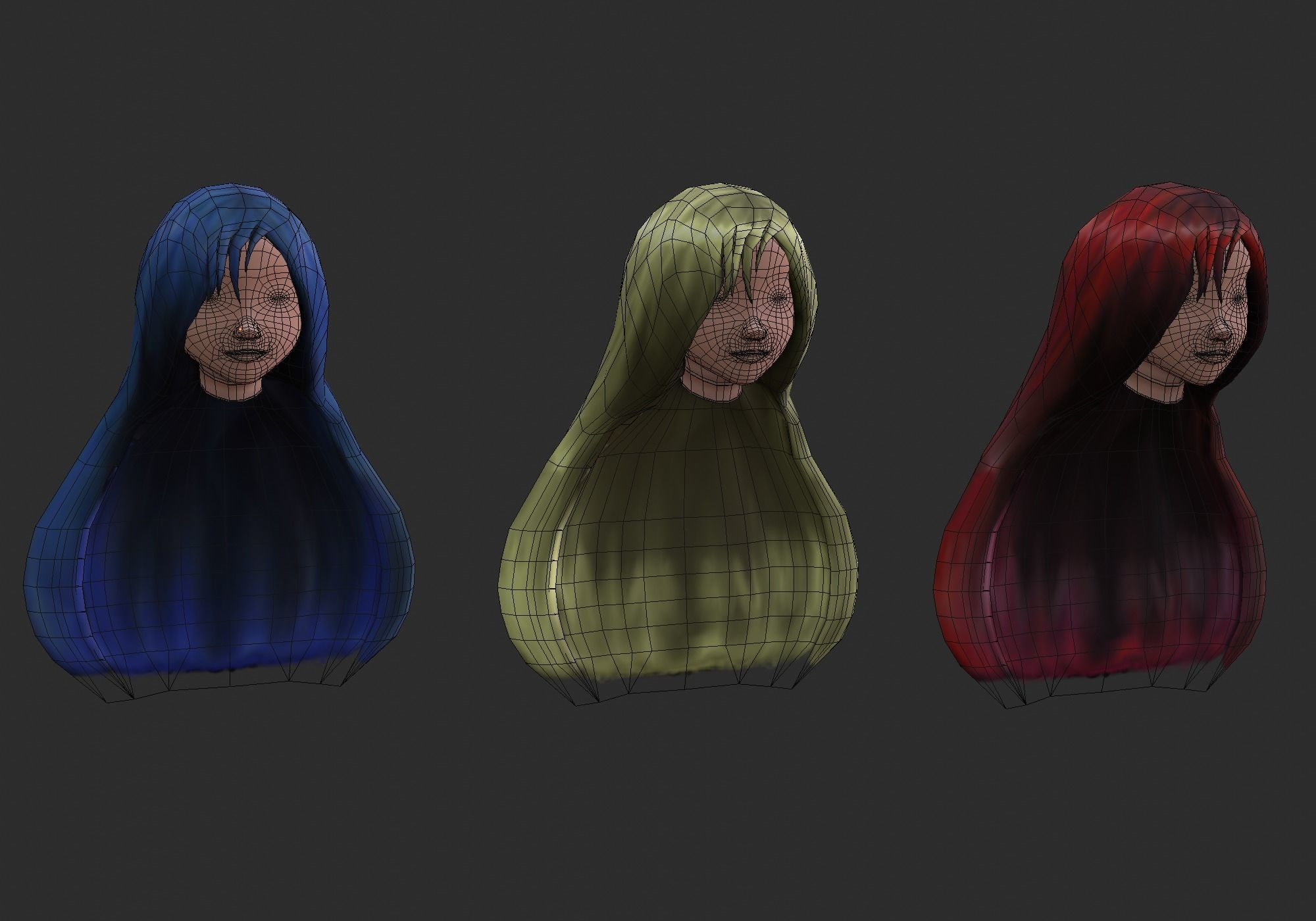 long anime hair in 3x styles low poly Low-poly 3D model_8