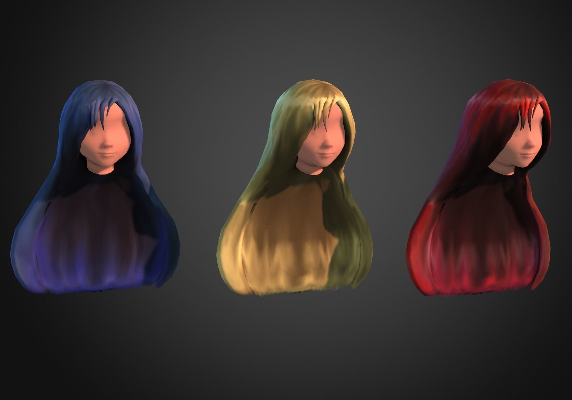 long anime hair in 3x styles low poly Low-poly 3D model_1