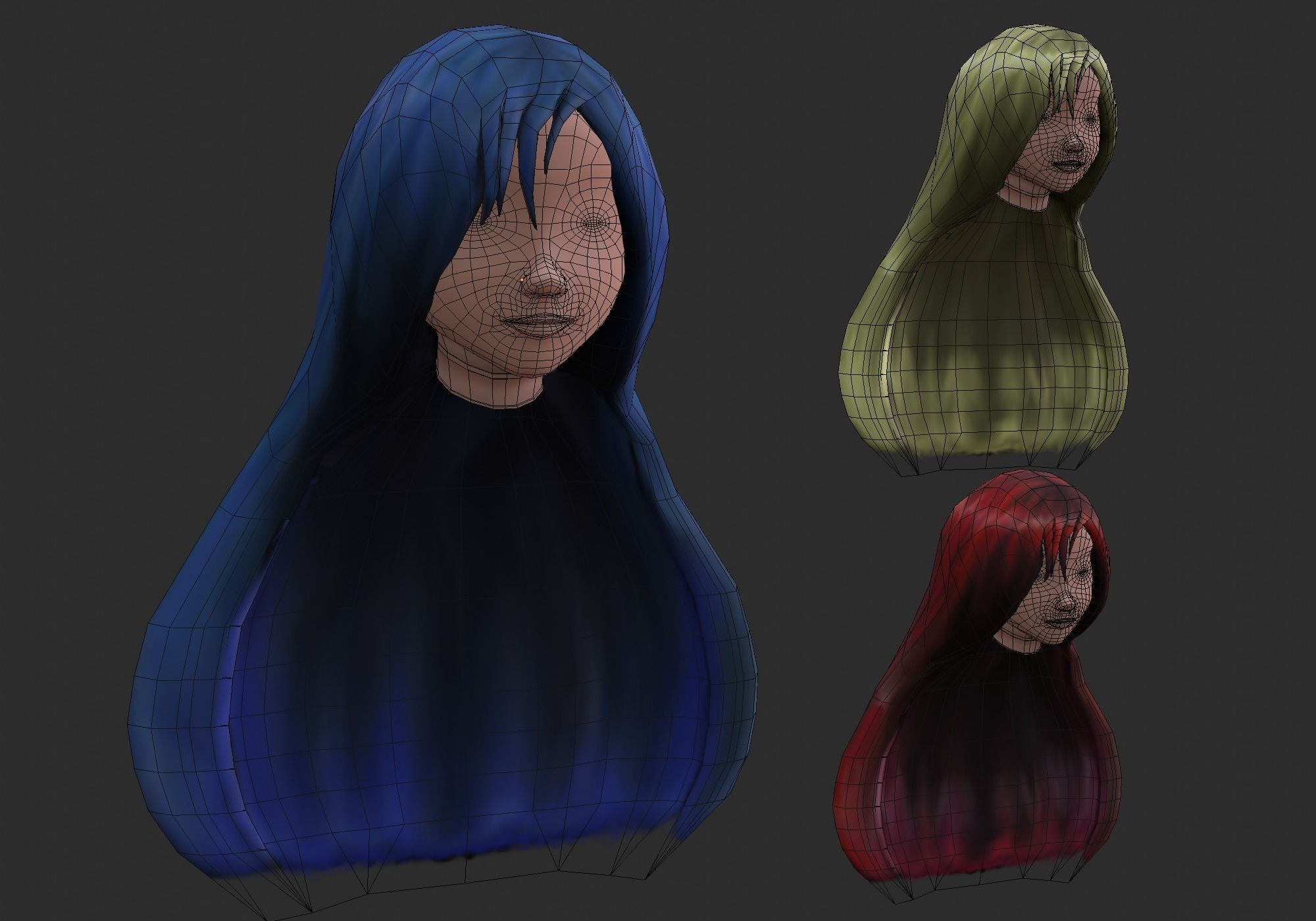 long anime hair in 3x styles low poly Low-poly 3D model_7