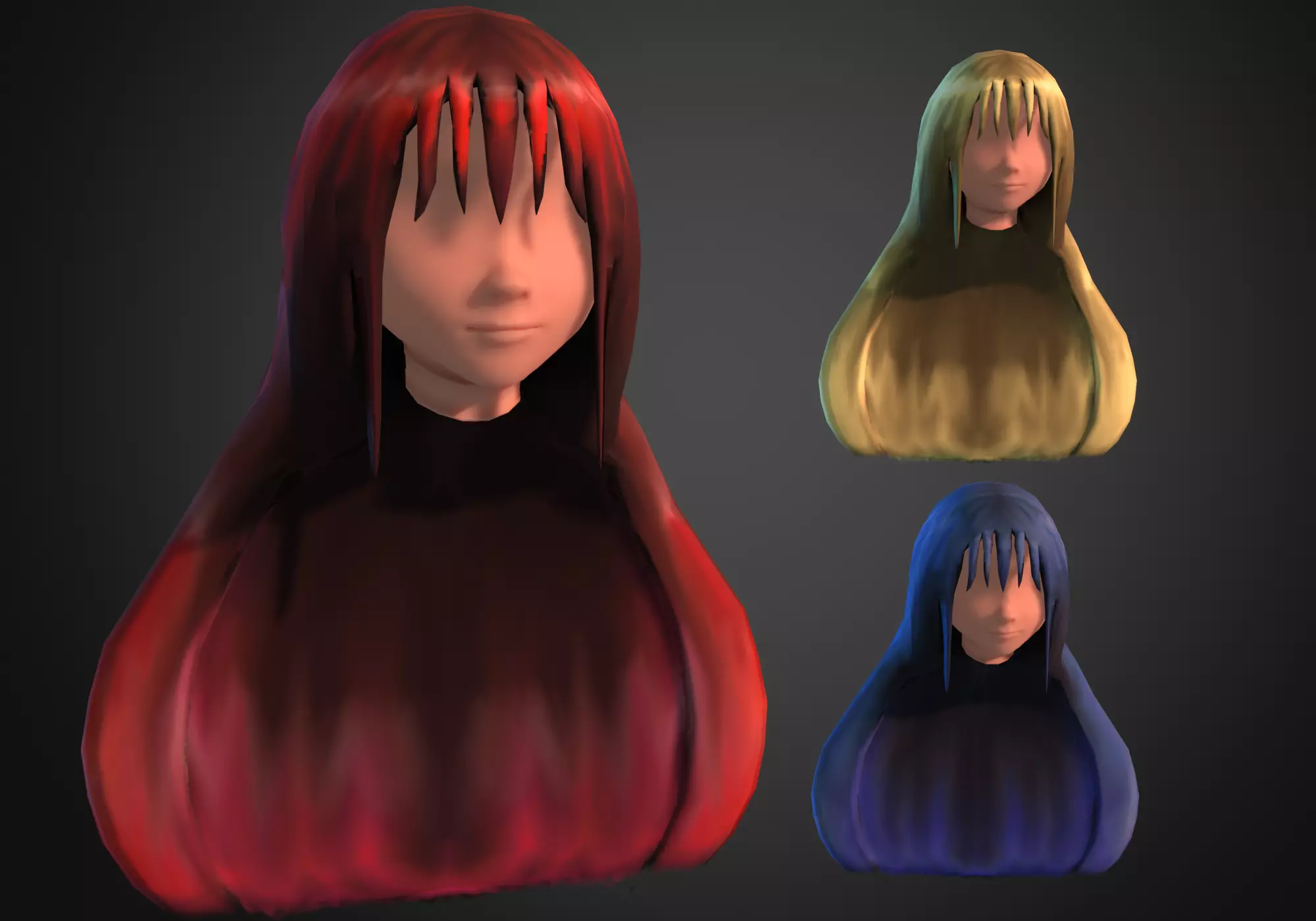 long anime hair in 3x styles Low-poly 3D model_0