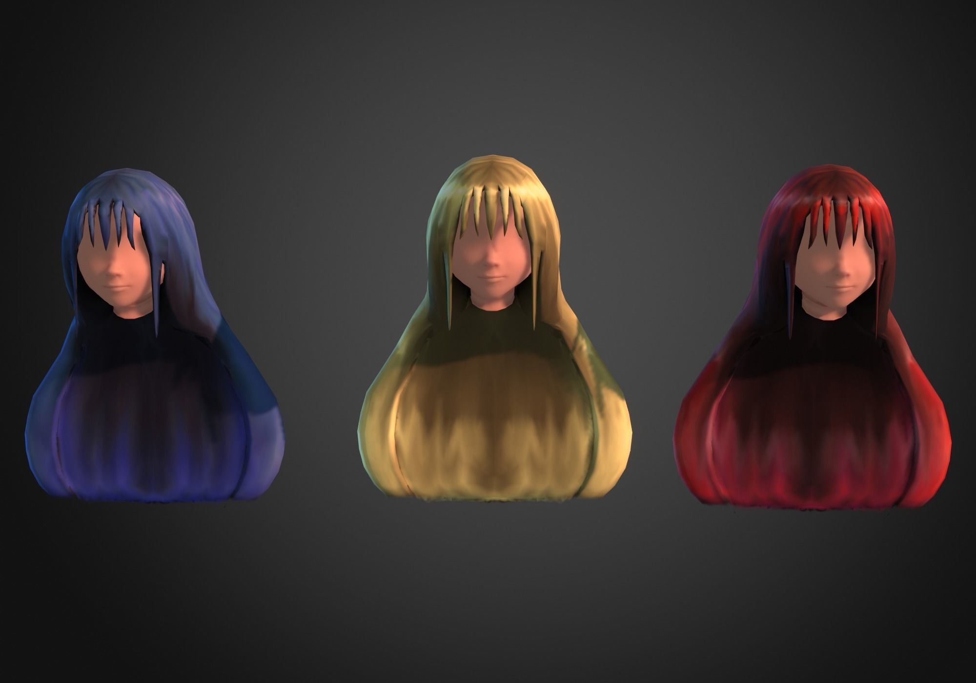 long anime hair in 3x styles Low-poly 3D model_1
