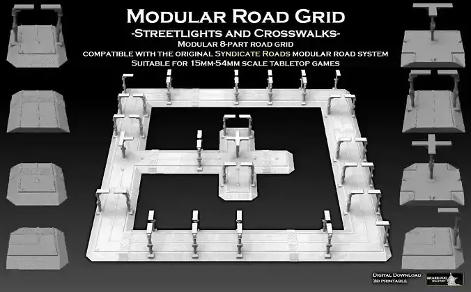Modular Road Grid Streetlights And Crosswalks 3D print model