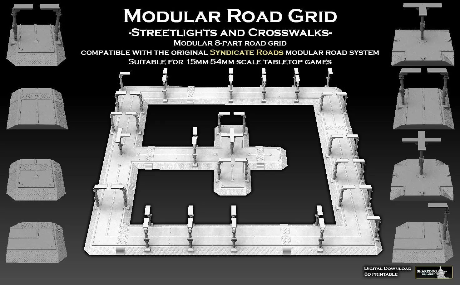 Modular Road Grid Streetlights And Crosswalks 3D print model_0