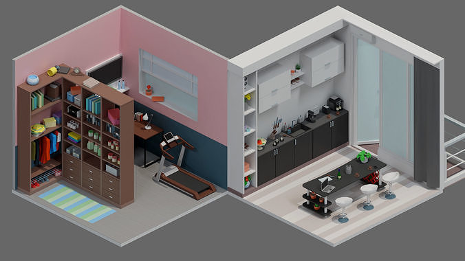 room 9 living with desk and bookshelf Low-poly 3D model
