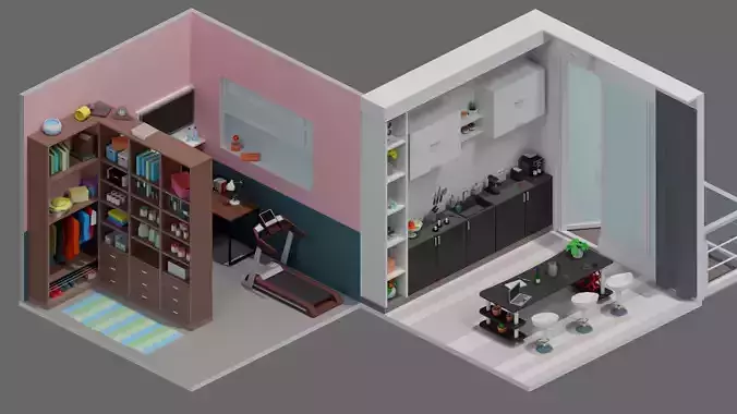 room 9 living with desk and bookshelf