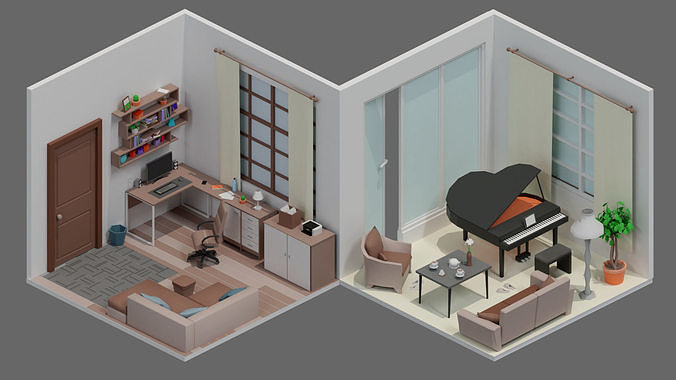 room11 room with furniture and piano Low-poly 3D model