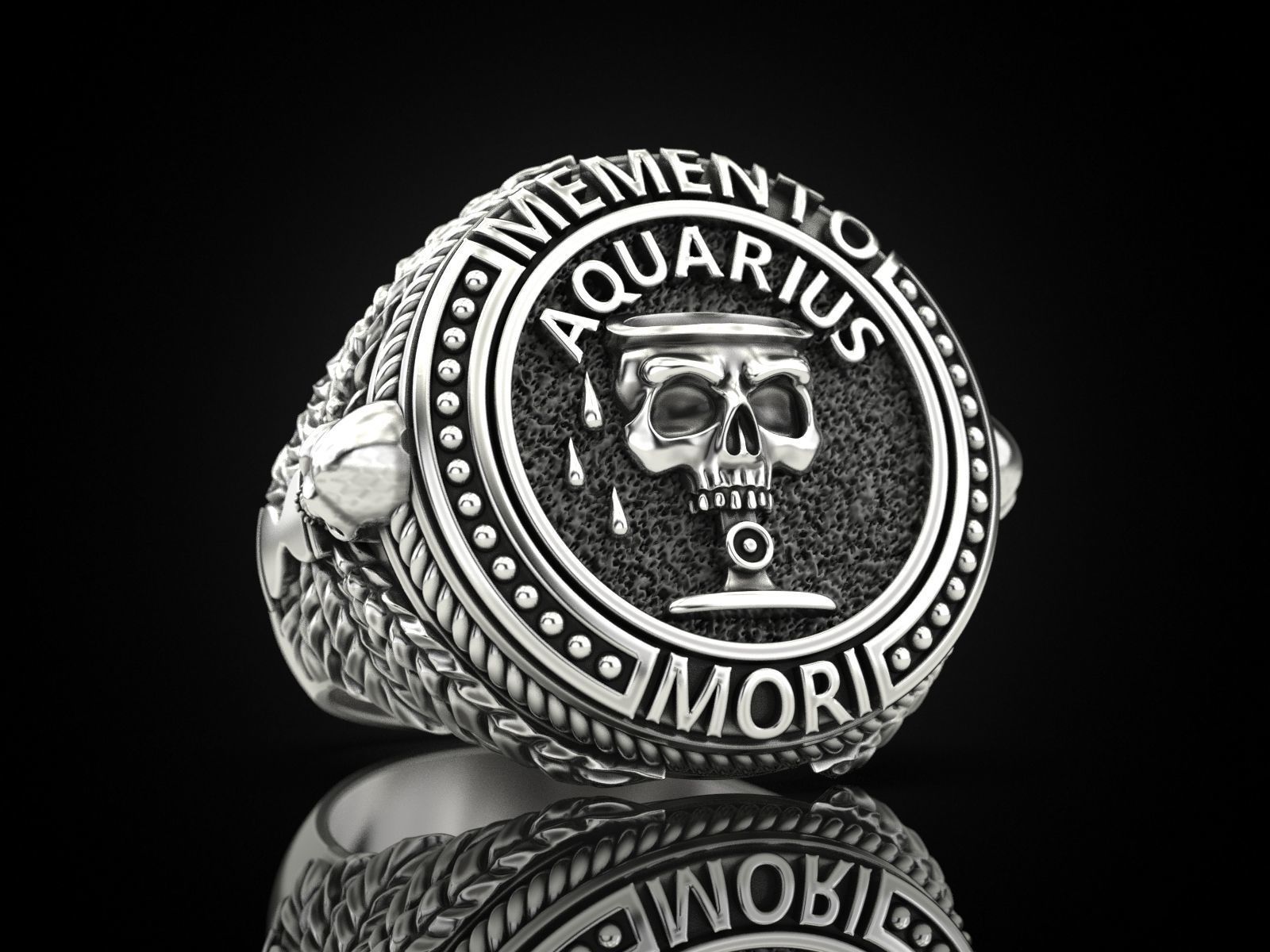 Zodiac skull ring Aquarius 3D print model_26