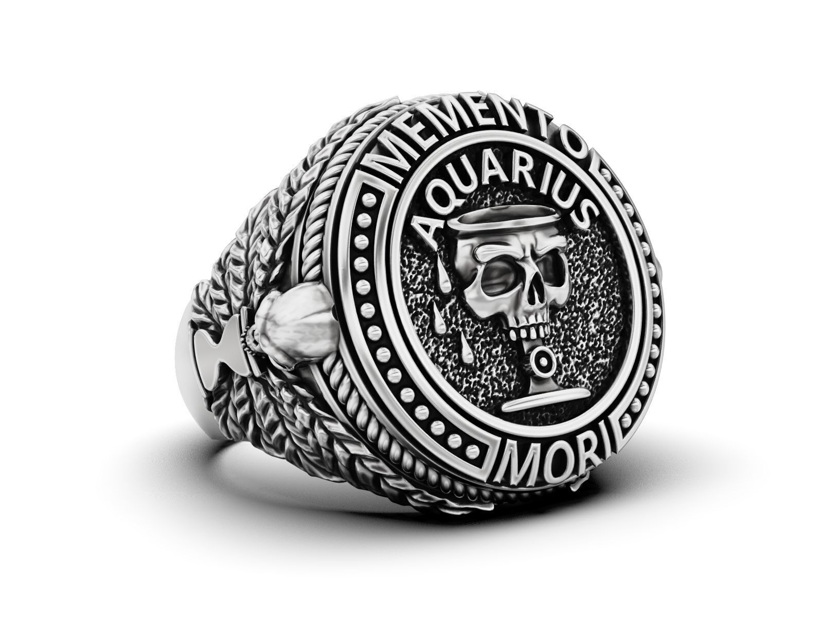 Zodiac skull ring Aquarius 3D print model_6