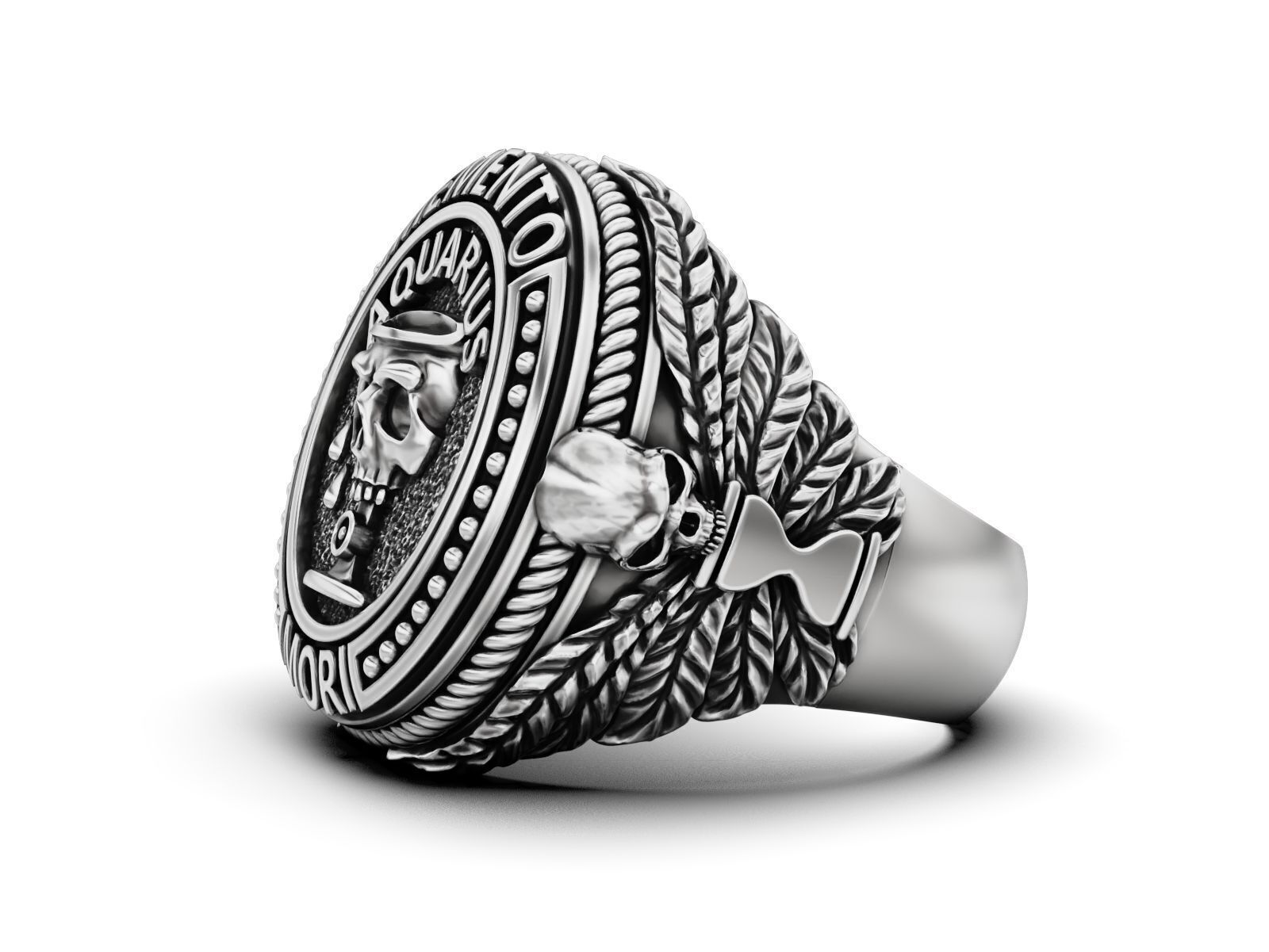 Zodiac skull ring Aquarius 3D print model_3