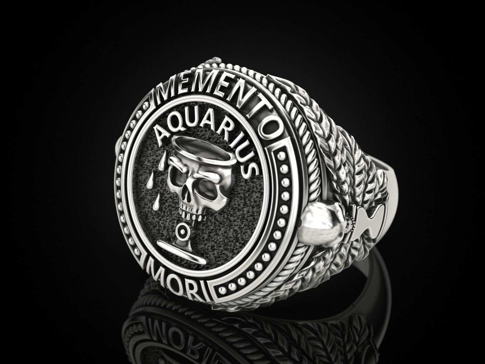 Zodiac skull ring Aquarius 3D print model_29