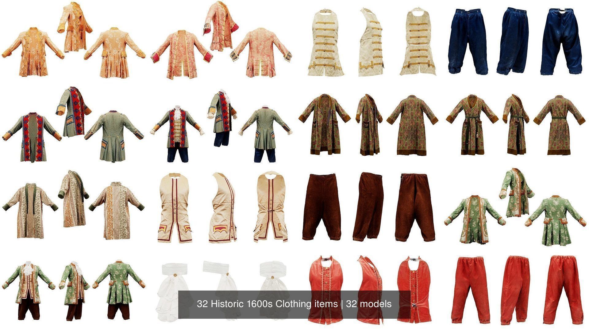 32 Historic 1600s Clothing items 3D Model Collection_1