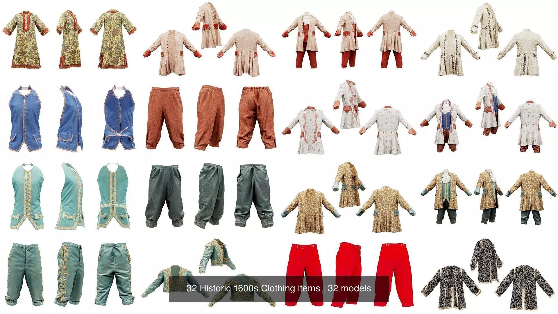 32 Historic 1600s Clothing items 3D Model Collection_0