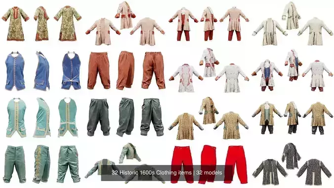 32 Historic 1600s Clothing items 3D Model Collection