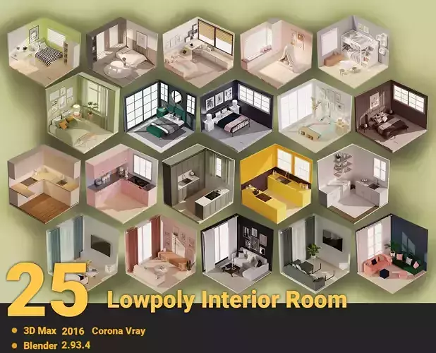25 Lowpoly Interior Room Low-poly 3D model